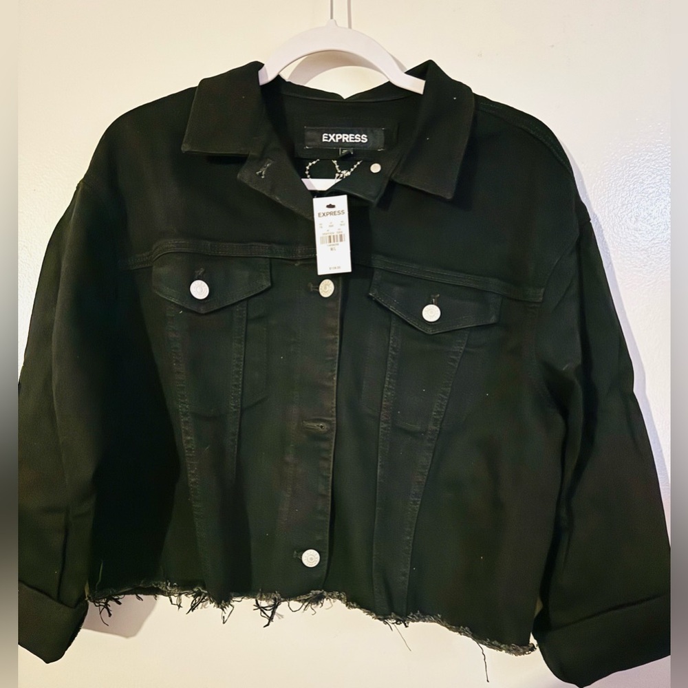 NWT Express Denim Beaded Back Only, Black Jean Jacket. Size M/L.